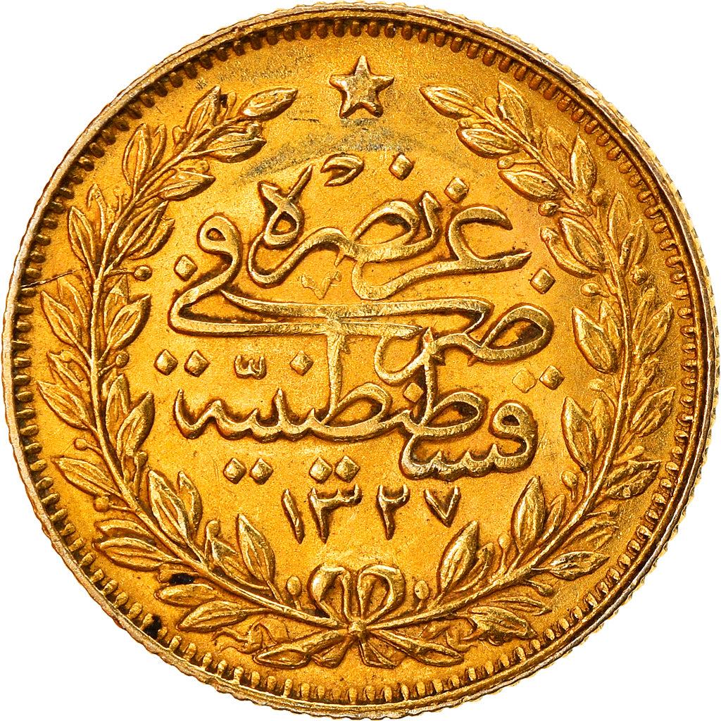 Moneda, Turquía, Abdul Hamid II, 50 Kurush, 1327, Qustantiniyah, EBC+, Oro