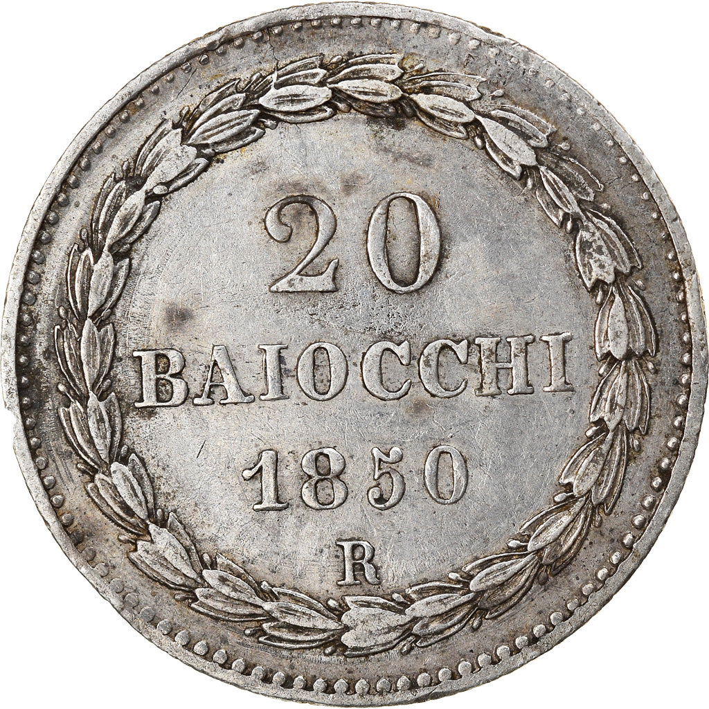 Moeda, ESTADOS ITALIANOS, PAPAL STATES, Pius IX, 20 Baiocchi, 1850, Roma