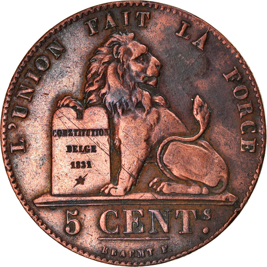 BELGIUM, 5 Centimes, 1859, KM #5.1, VF(30-35), Copper, 28.3, 9.84