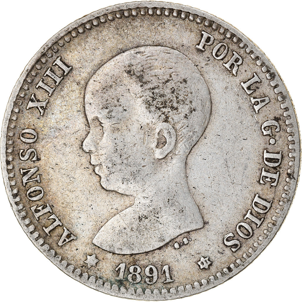Moneda, España, Alfonso XIII, 5 Pesetas, 1891, BC+, Plata, KM:689
