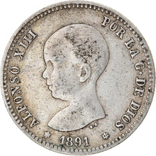 Moneta, Spagna, Alfonso XIII, 5 Pesetas, 1891, MB+, Argento, KM:689