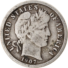 Monnaie, États-Unis, Barber Dime, Dime, 1907, U.S. Mint, Philadelphie, TB+