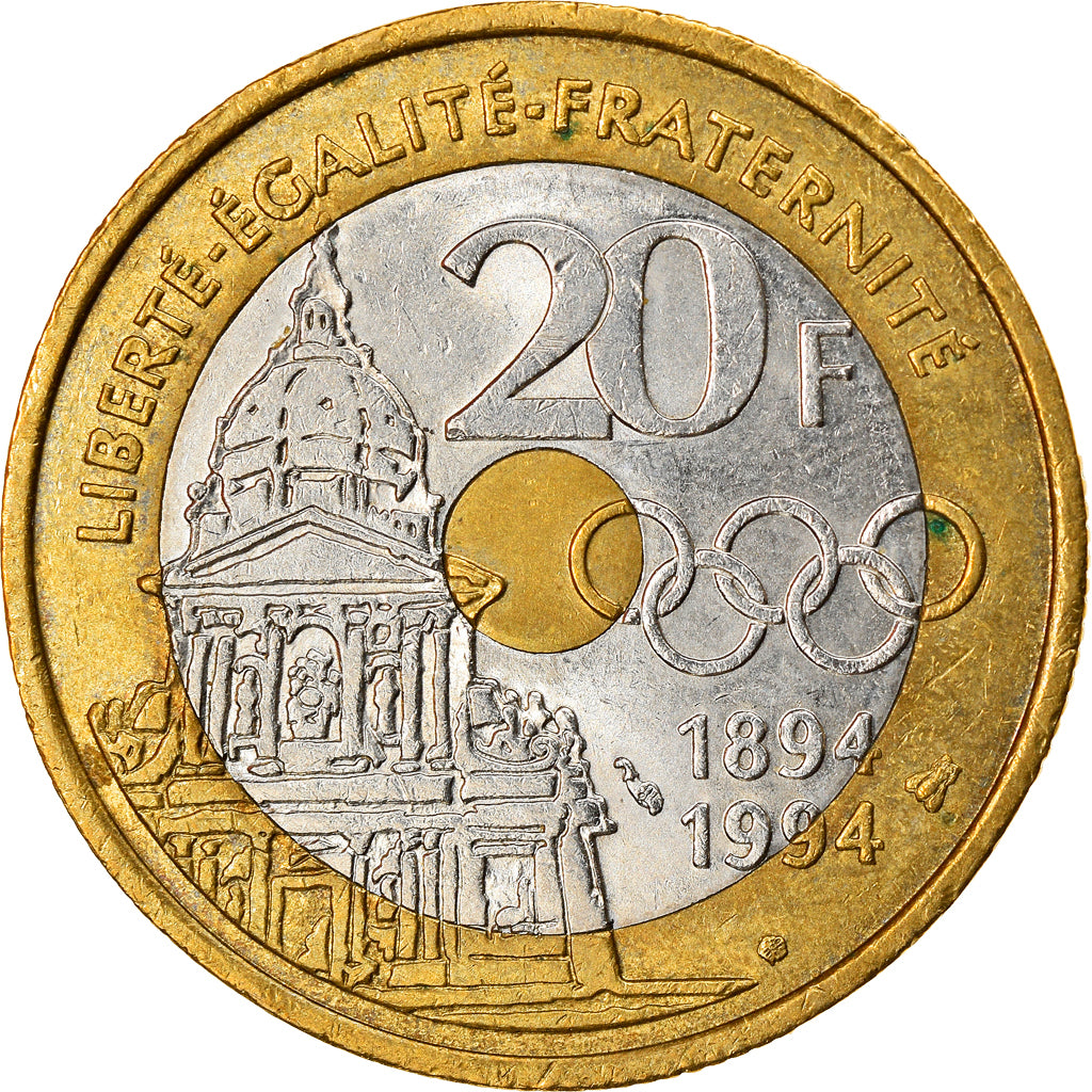 Münze, Frankreich, Pierre de Coubertin, 20 Francs, 1994, VZ, Tri-Metallic