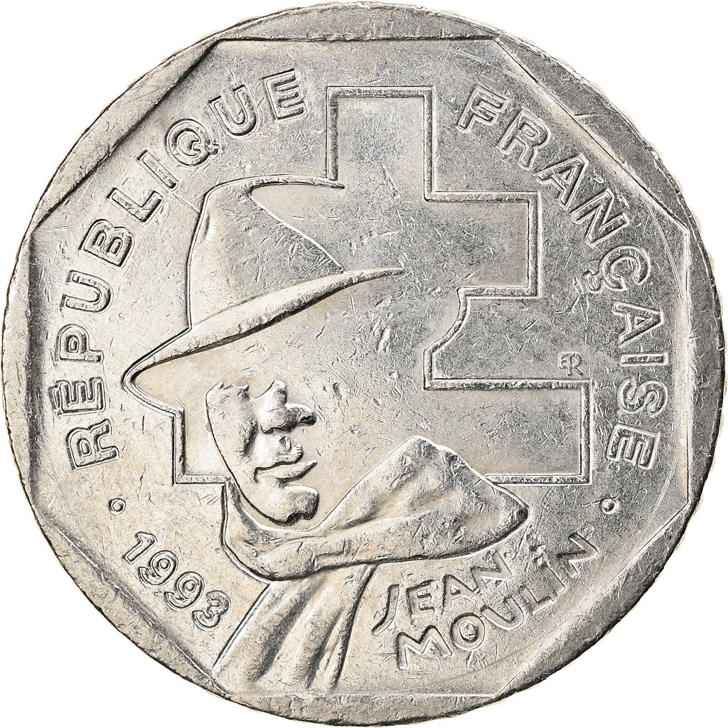 Moneta, Francja, Jean Moulin, 2 Francs, 1993, AU(50-53), Nikiel, KM:1062