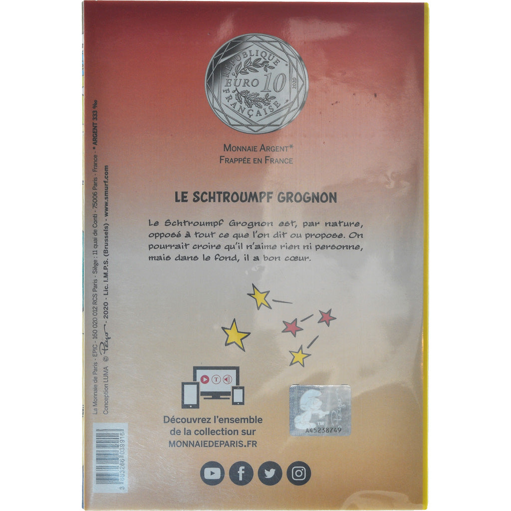 France, Monnaie de Paris, 10 Euro, Le Schtroumpf grognon, 2020, MS(65-70)