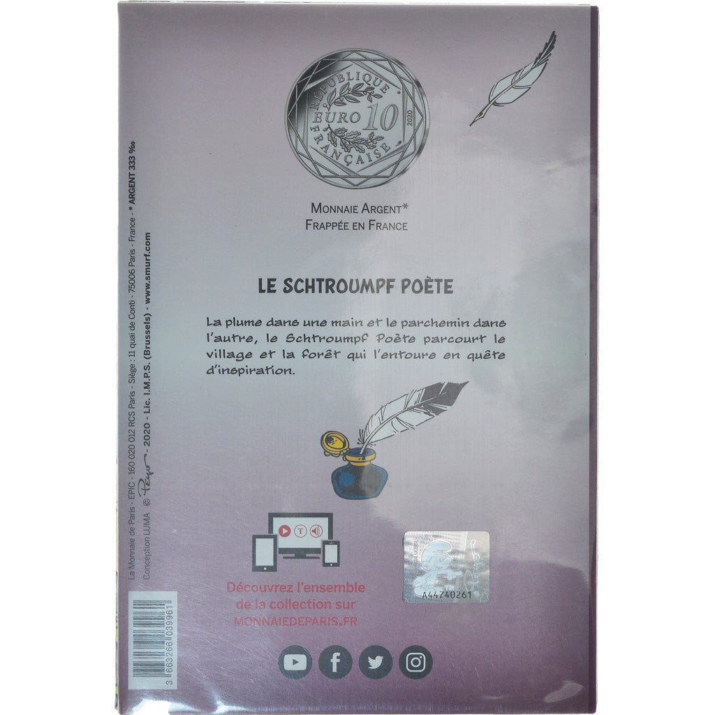 France, Monnaie de Paris, 10 Euro, Le Schtroumpf poète, 2020, FDC, Argent
