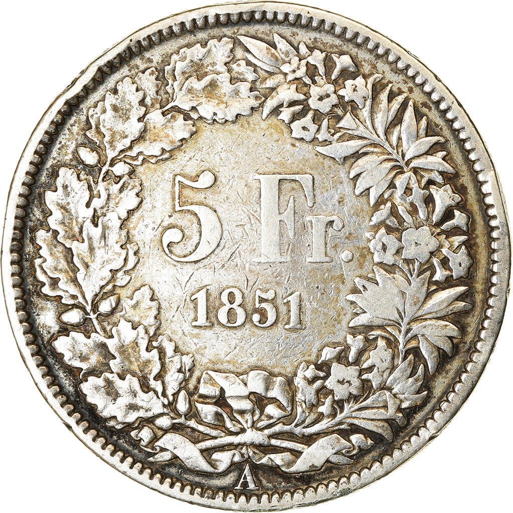 Coin, Switzerland, 5 Francs, 1851, Paris, EF(40-45), Silver, KM:11