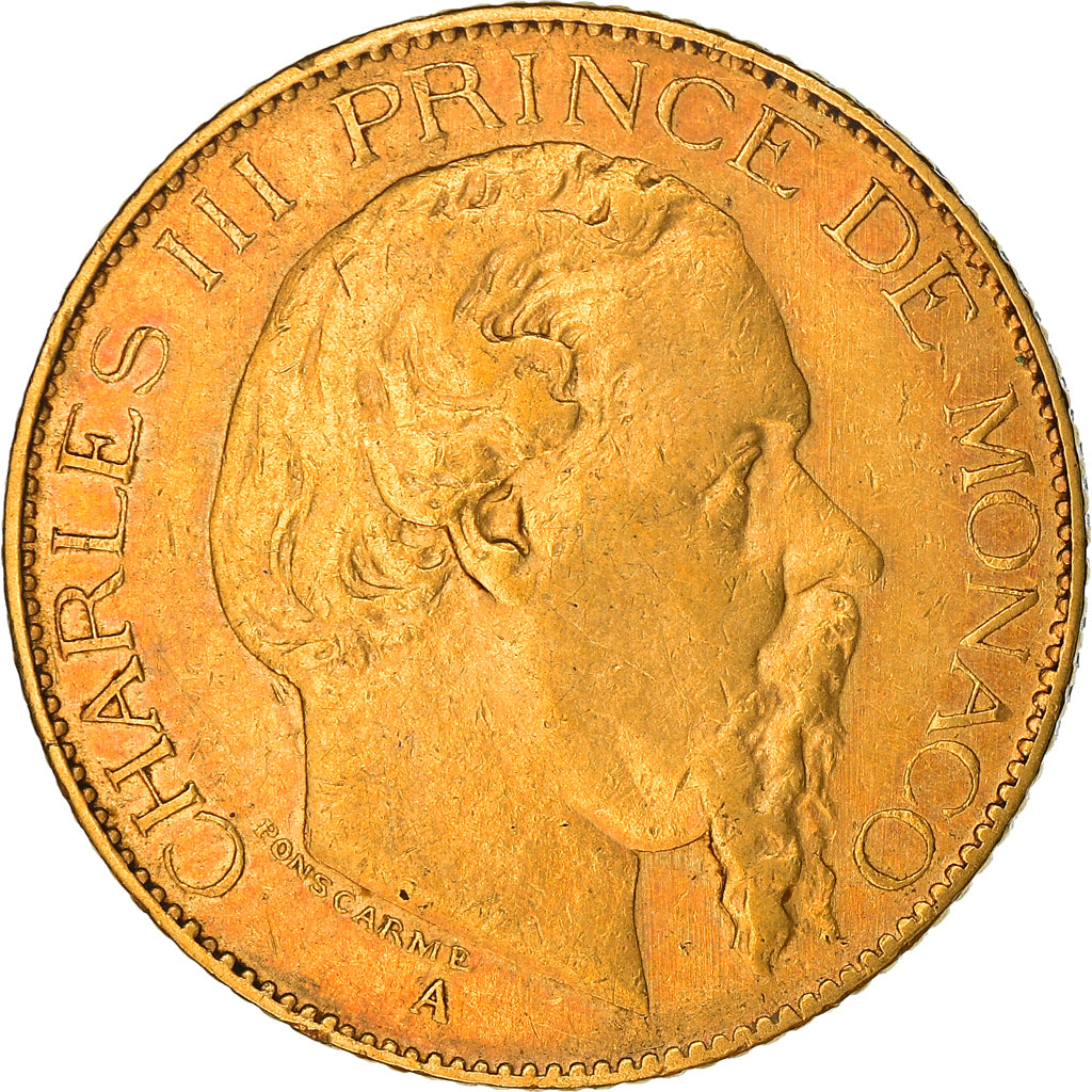 Coin, Monaco, Charles III, 20 Francs, Vingt, 1879, Paris, VF(30-35), Gold