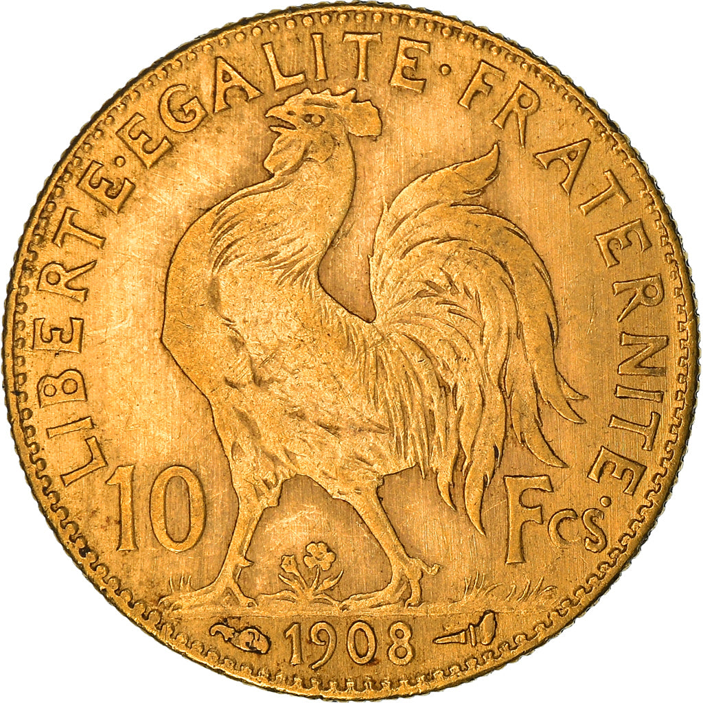 Coin, France, Marianne, 10 Francs, 1908, Paris, Coq, EF(40-45), Gold, KM:846