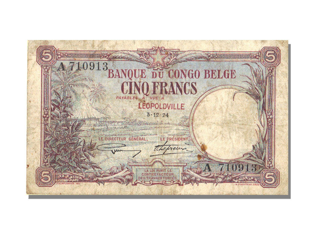 Belgian Congo, 5 Francs, 1924, KM #8b, 1924-12-03, VF(20-25)