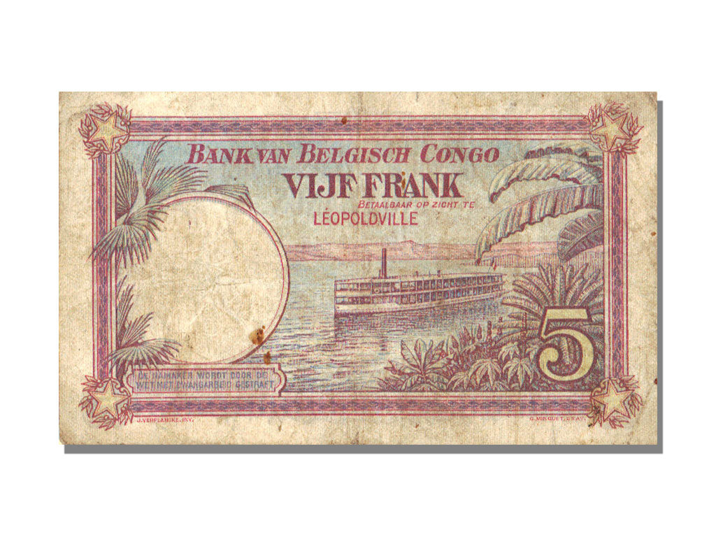 Belgian Congo, 5 Francs, 1924, KM #8b, 1924-12-03, VF(20-25)