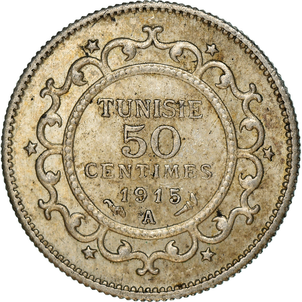 Coin, Tunisia, Muhammad al-Nasir Bey, 50 Centimes, 1915, Paris, AU(50-53)