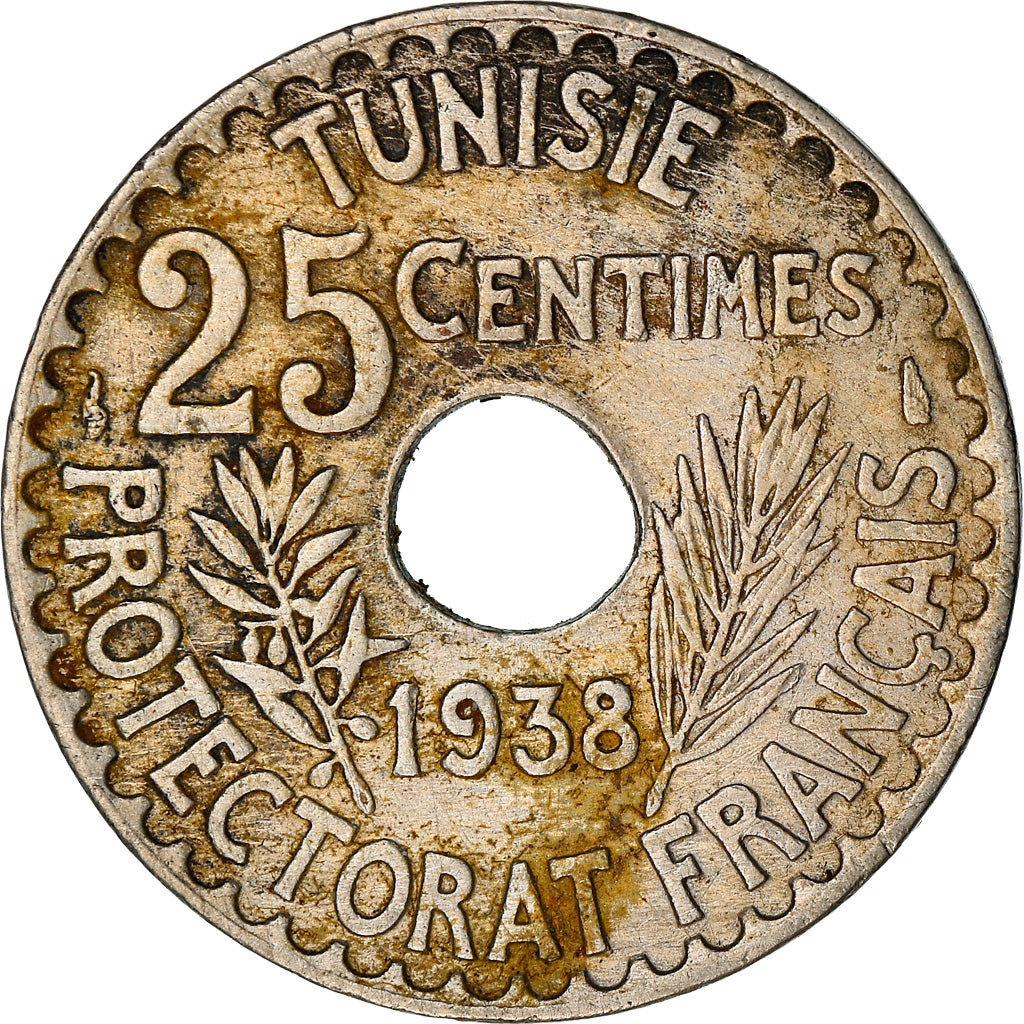 Coin, Tunisia, Ahmad Pasha Bey, 25 Centimes, 1938, Paris, VF(30-35)