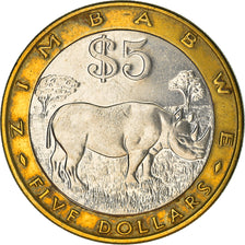 Moneta, Zimbabwe, 5 Dollars, 2001, Harare, AU(55-58), Bimetaliczny, KM:13