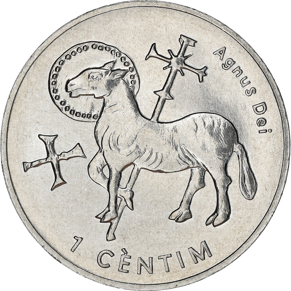 Coin, Andorra, Centim, 2002, Agnus Dei, MS(63), Aluminum, KM:178