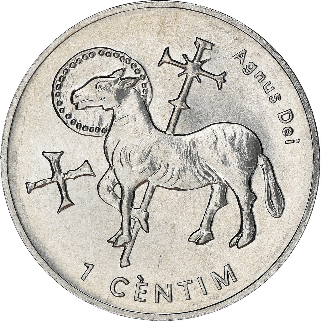 Coin, Andorra, Centim, 2002, Agnus Dei, MS(63), Aluminum, KM:178