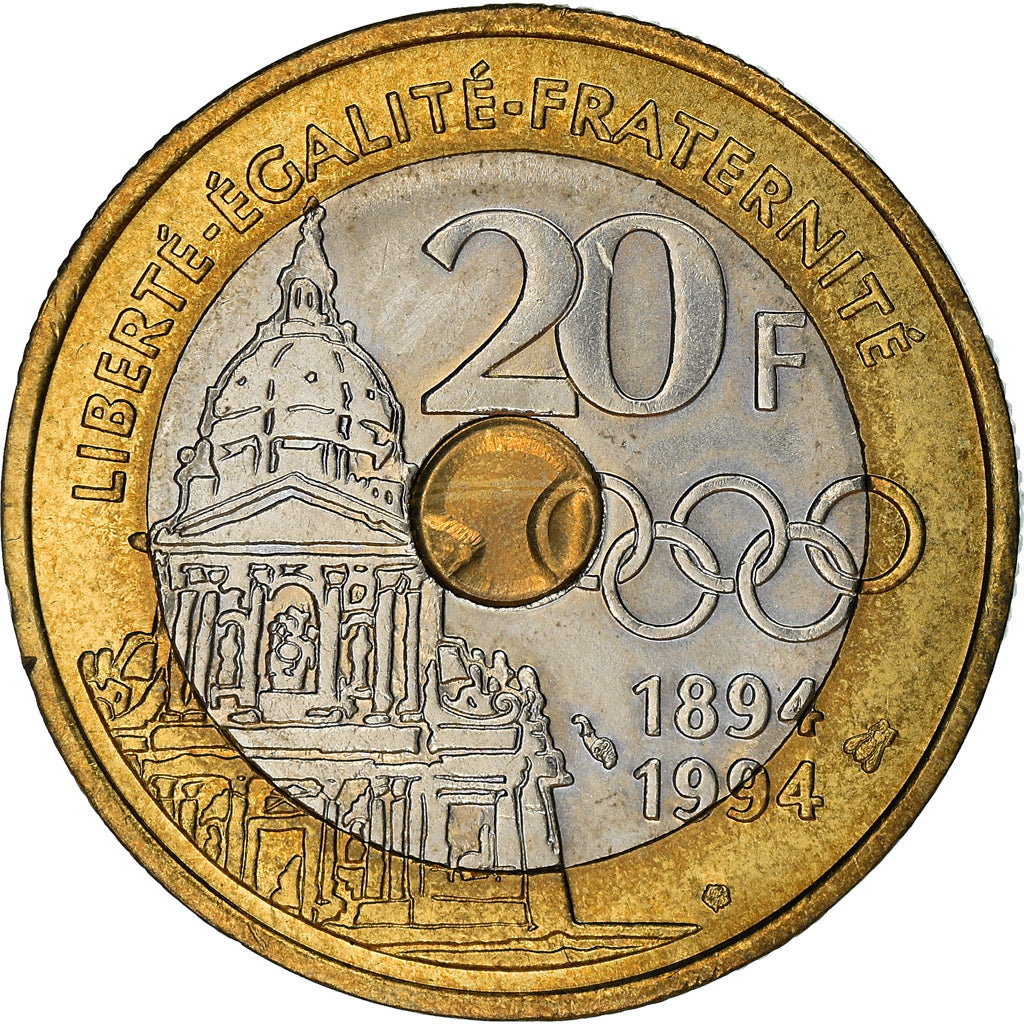 Coin, France, Pierre de Coubertin, 20 Francs, 1994, EF(40-45), Tri-Metallic