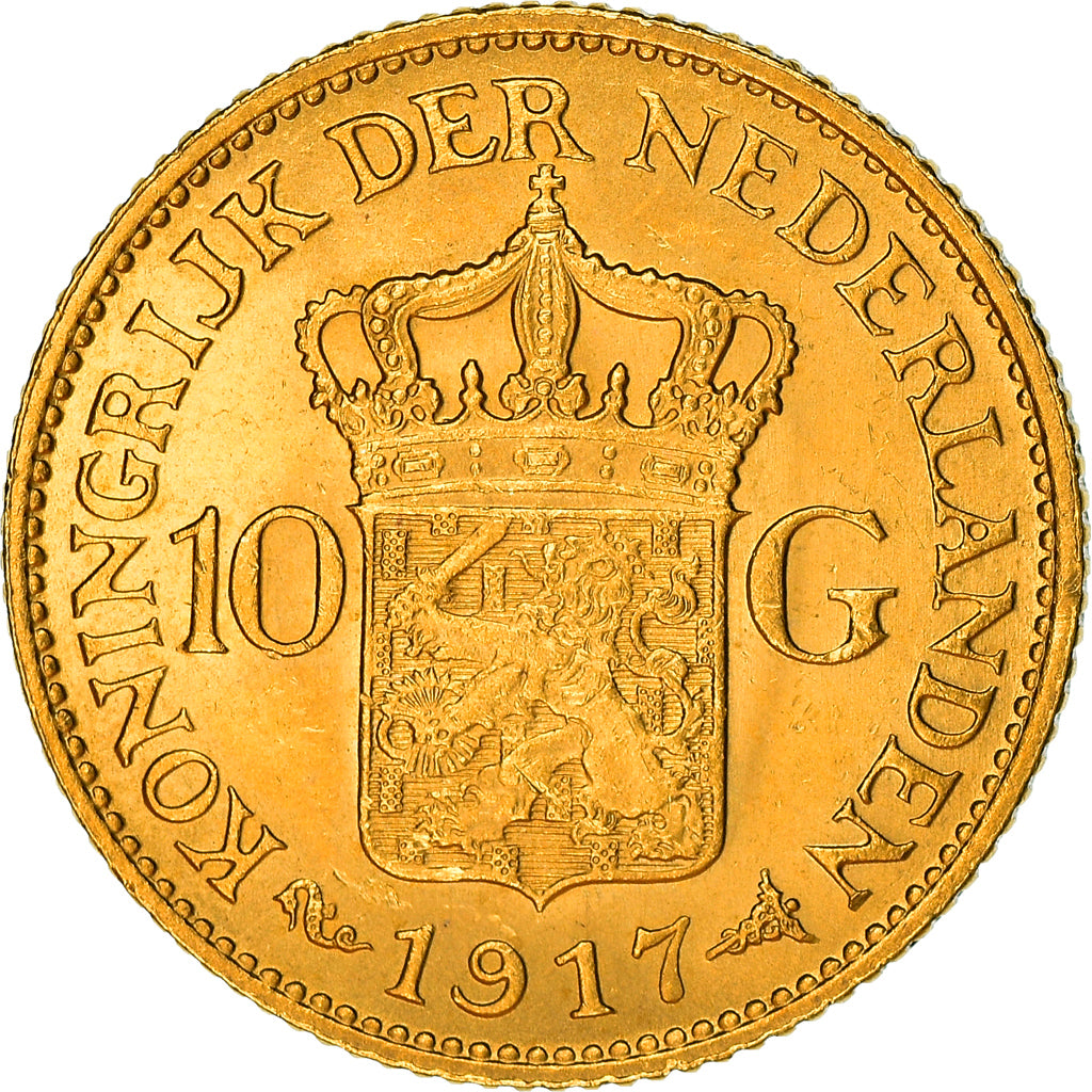 Coin, Netherlands, Wilhelmina I, 10 Gulden, 1917, AU(55-58), Gold, KM:149