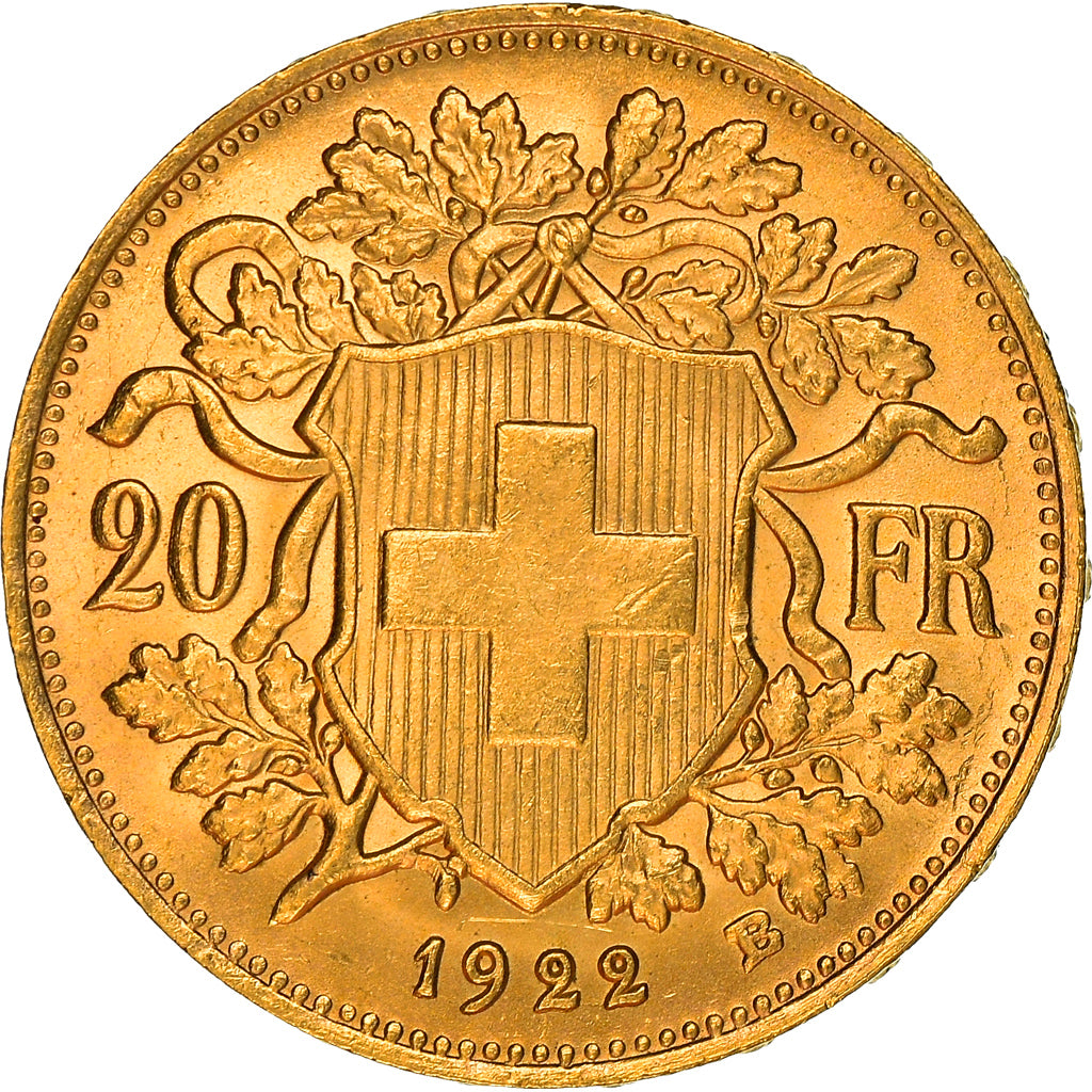 Coin, Switzerland, 20 Francs, 1922, Berne, MS(60-62), Gold, KM:35.1