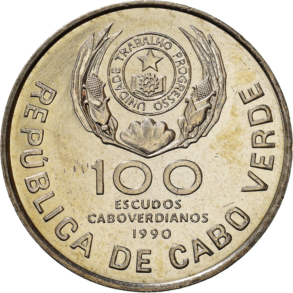 Coin, Cape Verde, 100 Escudos, 1990, Pape Jean Paul II, MS(63), Copper-nickel