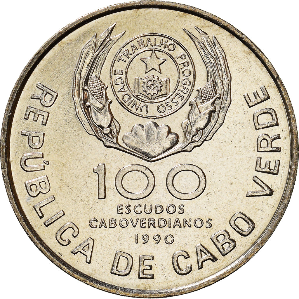 Moeda, Cabo Verde, 100 Escudos, 1990, Pape Jean Paul II, MS(63), Cobre-níquel