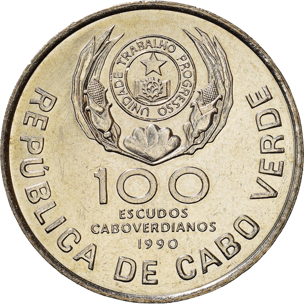Coin, Cape Verde, 100 Escudos, 1990, Pape Jean Paul II, MS(63), Copper-nickel