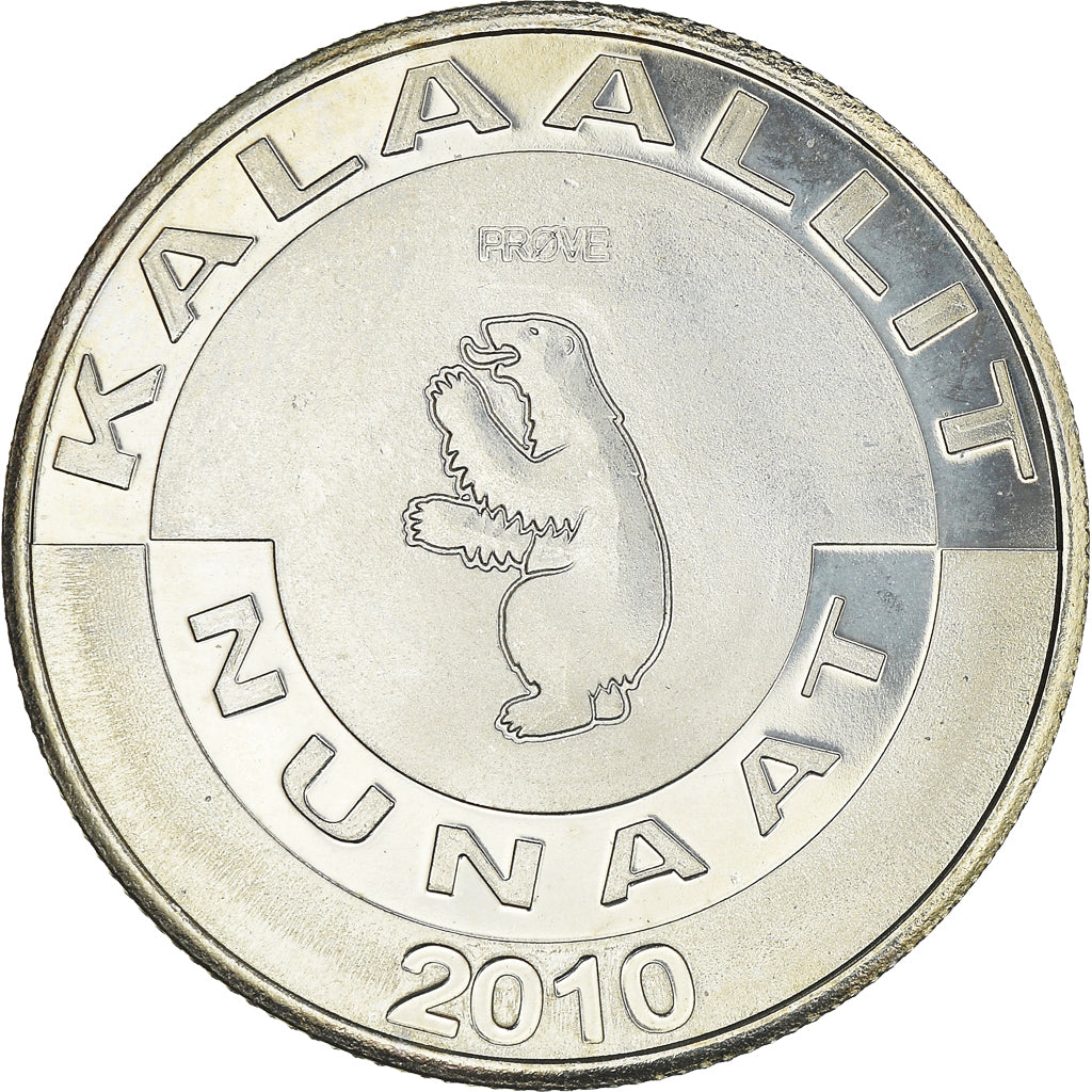 Coin, Greenland, KALAALLIT NUNAAT, 5 Kroner, 2010, MS(64), Nickel-brass, KM:Pr5
