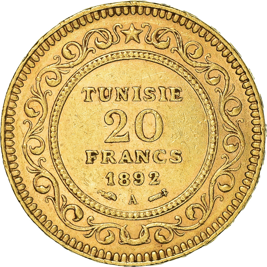 Coin, Tunisia, Ali Bey, 20 Francs, 1892, Paris, EF(40-45), Gold, KM:227