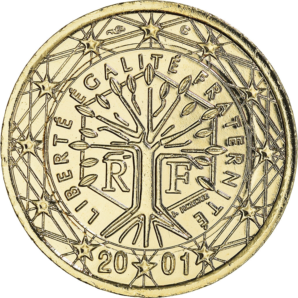 França, 2 Euro, 2001, Paris, gold-plated coin, MS(65-70), Bimetálico, KM:1289