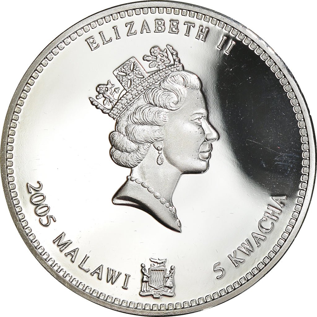 Moeda, Maláui, 5 Kwacha, 2005, Dragon, MS(65-70), Silver plated copper-nickel