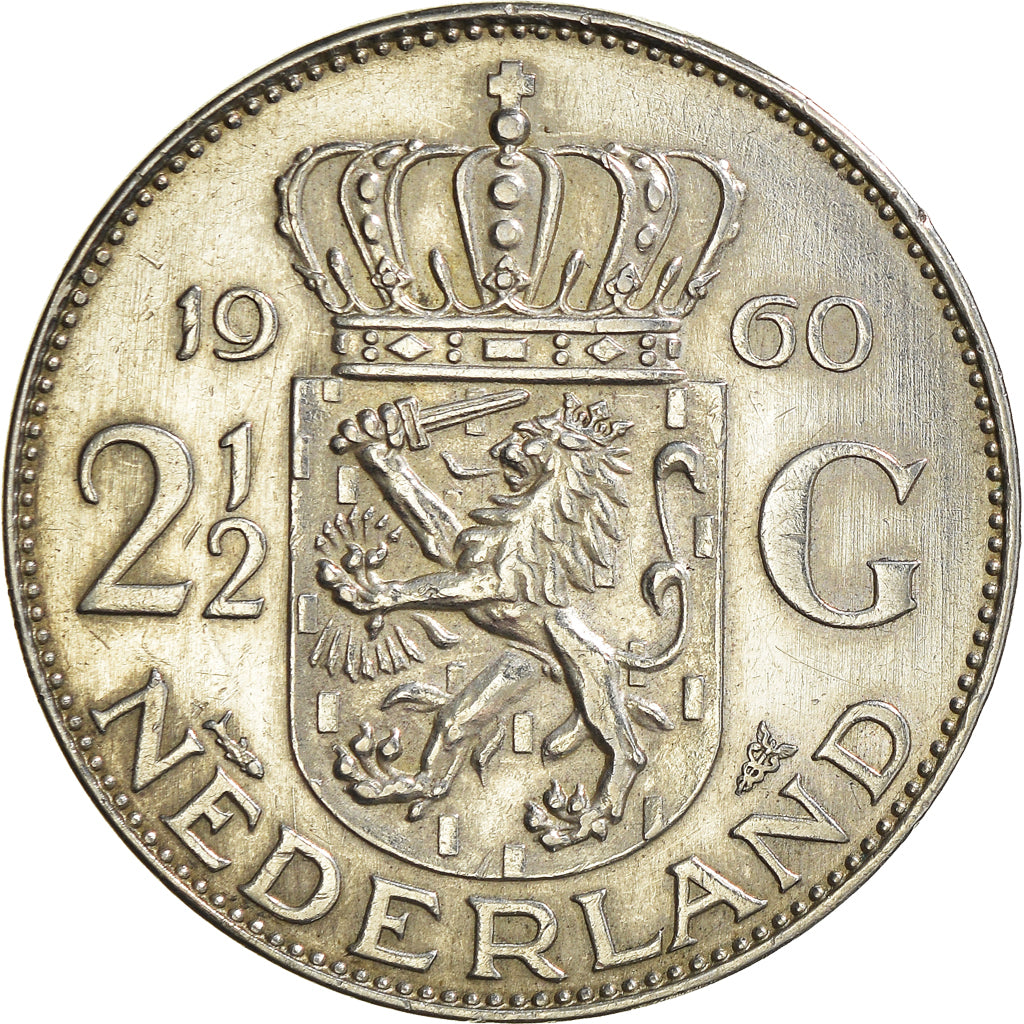 Coin, Netherlands, Juliana, 2-1/2 Gulden, 1960, EF(40-45), Silver, KM:185
