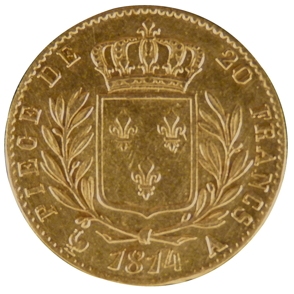 FRANCE, Louis XVIII, 20 Francs Or, 1814, Paris, AU(50-53), Gold, Gadoury #1026,.