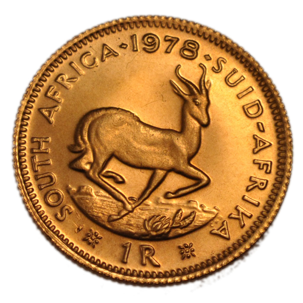 South Africa, 1 Rand, 1977, KM #63, MS(60-62), Gold, 4.00