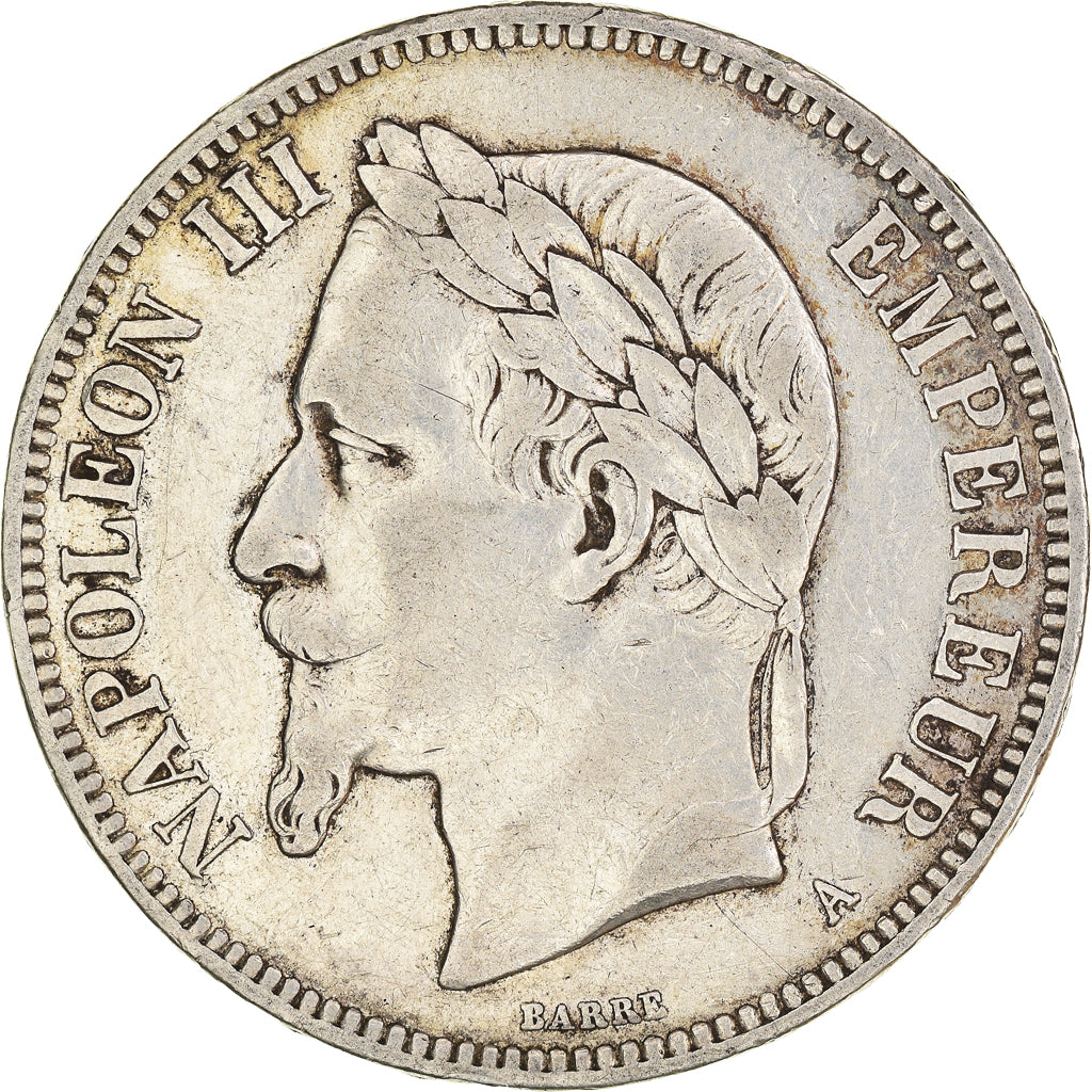 Moneda, Francia, Napoleon III, Napoléon III, 5 Francs, 1870, Paris, BC+, Plata