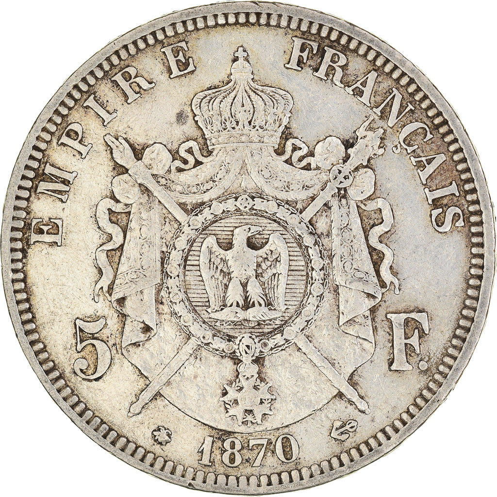 Moneda, Francia, Napoleon III, Napoléon III, 5 Francs, 1870, Paris, BC+, Plata