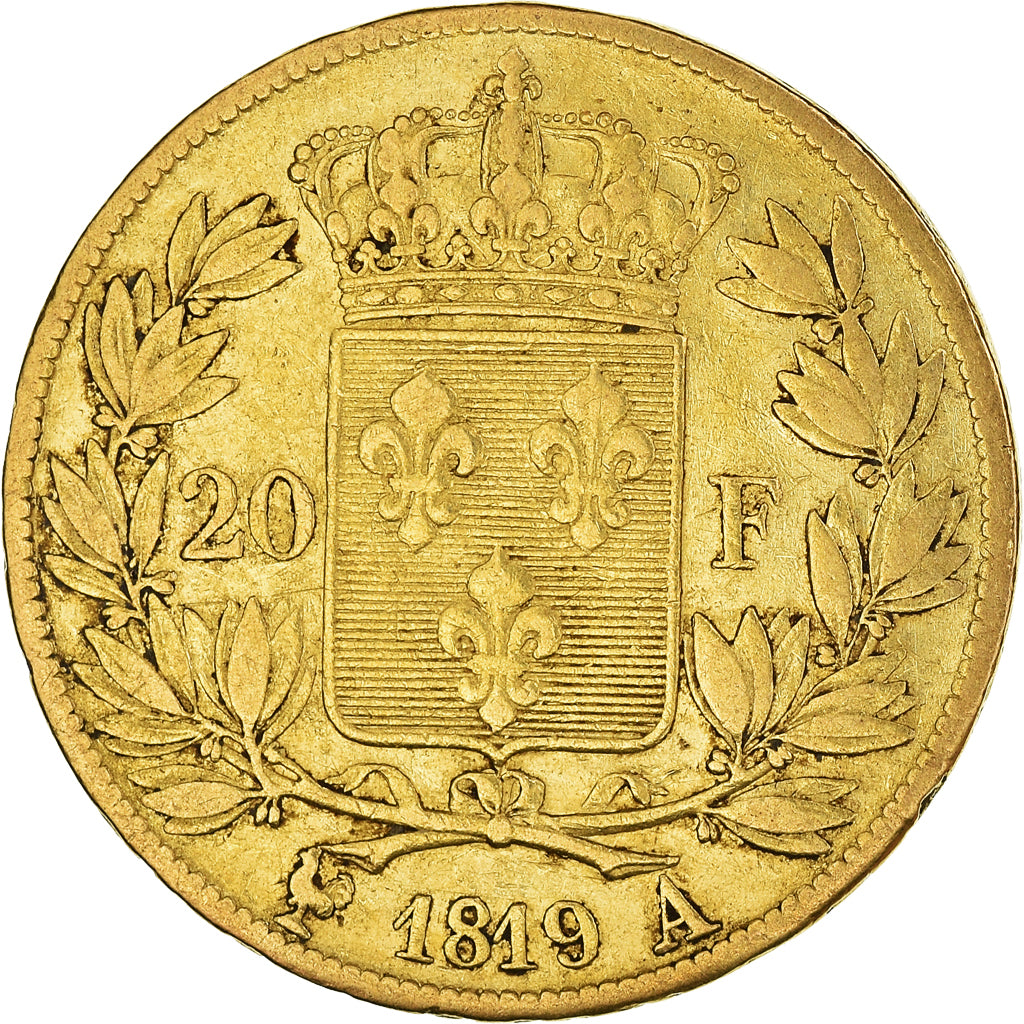 Moeda, França, Louis XVIII, 20 Francs, 1819, Paris, VF(30-35), Dourado