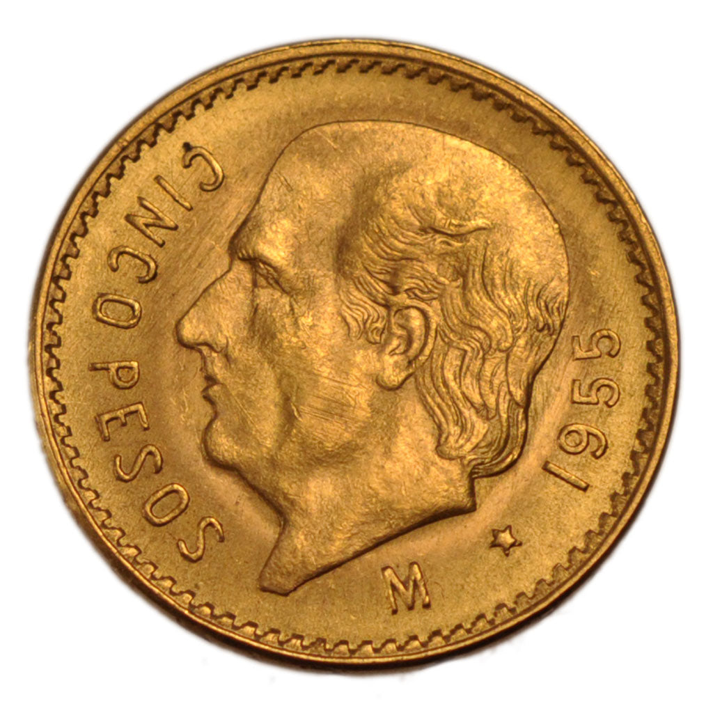 Mexico, 5 Pesos, 1955, KM #464, MS(60-62), Gold, 19, 4.10
