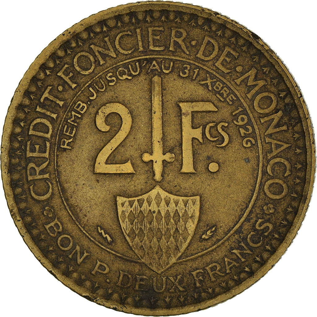 Coin, Monaco, Louis II, 2 Francs, 1924, Poissy, EF(40-45), Aluminum-Bronze