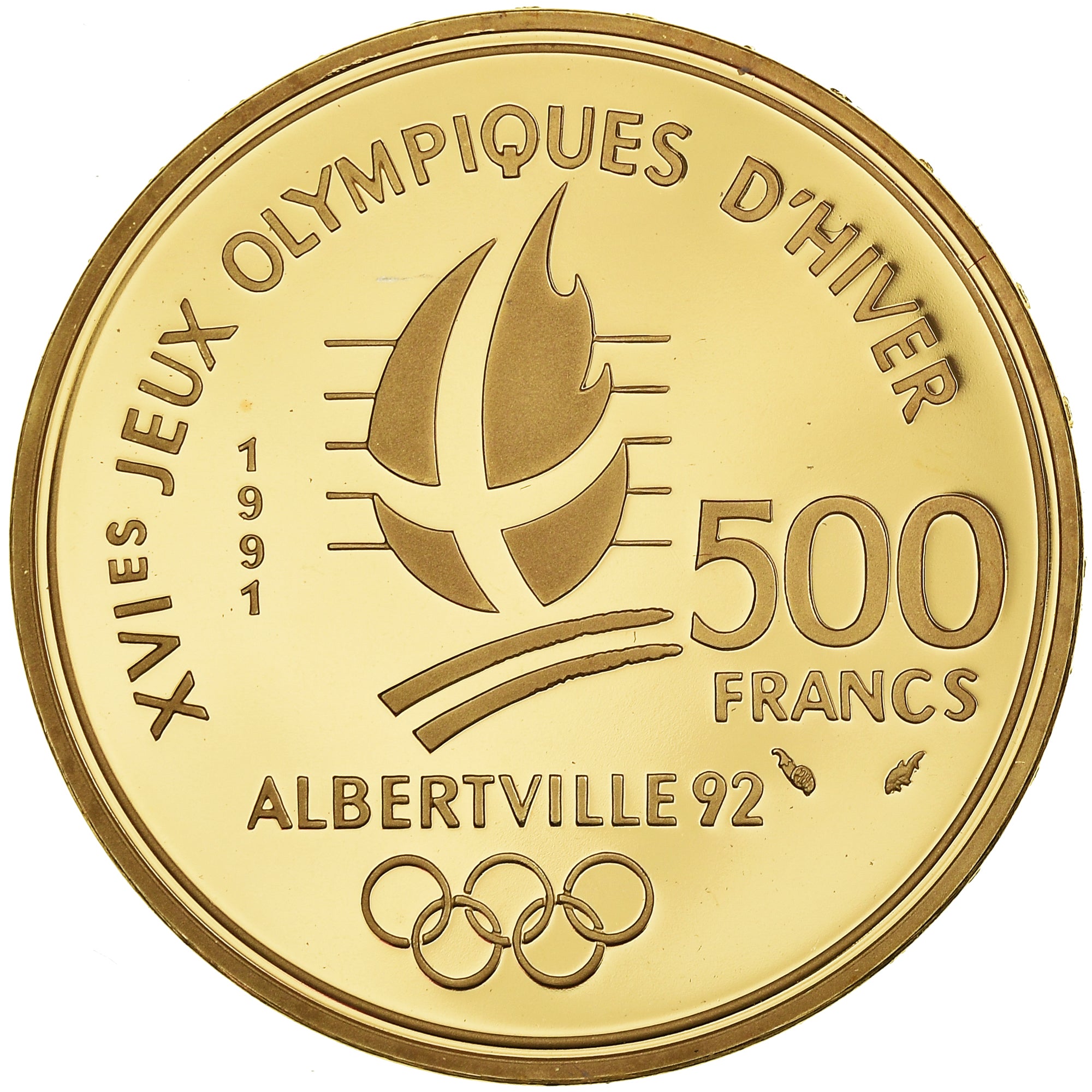 Moneta, Francia, Albertville 92, saut à ski, 500 Francs, 1991, Paris, FDC, Oro