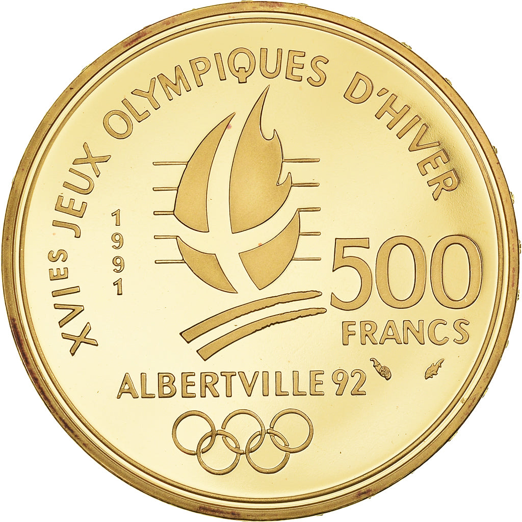 Coin, France, Albertville 92, ski, 500 Francs, 1991, Paris, MS(65-70), Gold