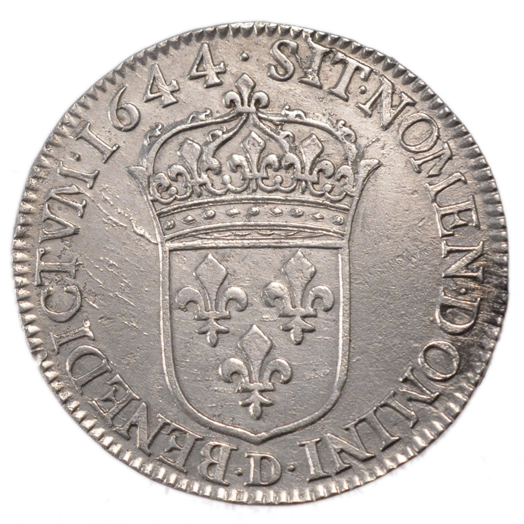 FRANCE, 1/2 Écu à la mèche courte, 1/2 ECU, 1644, Lyon, KM #163.2, AU(55-58), Si