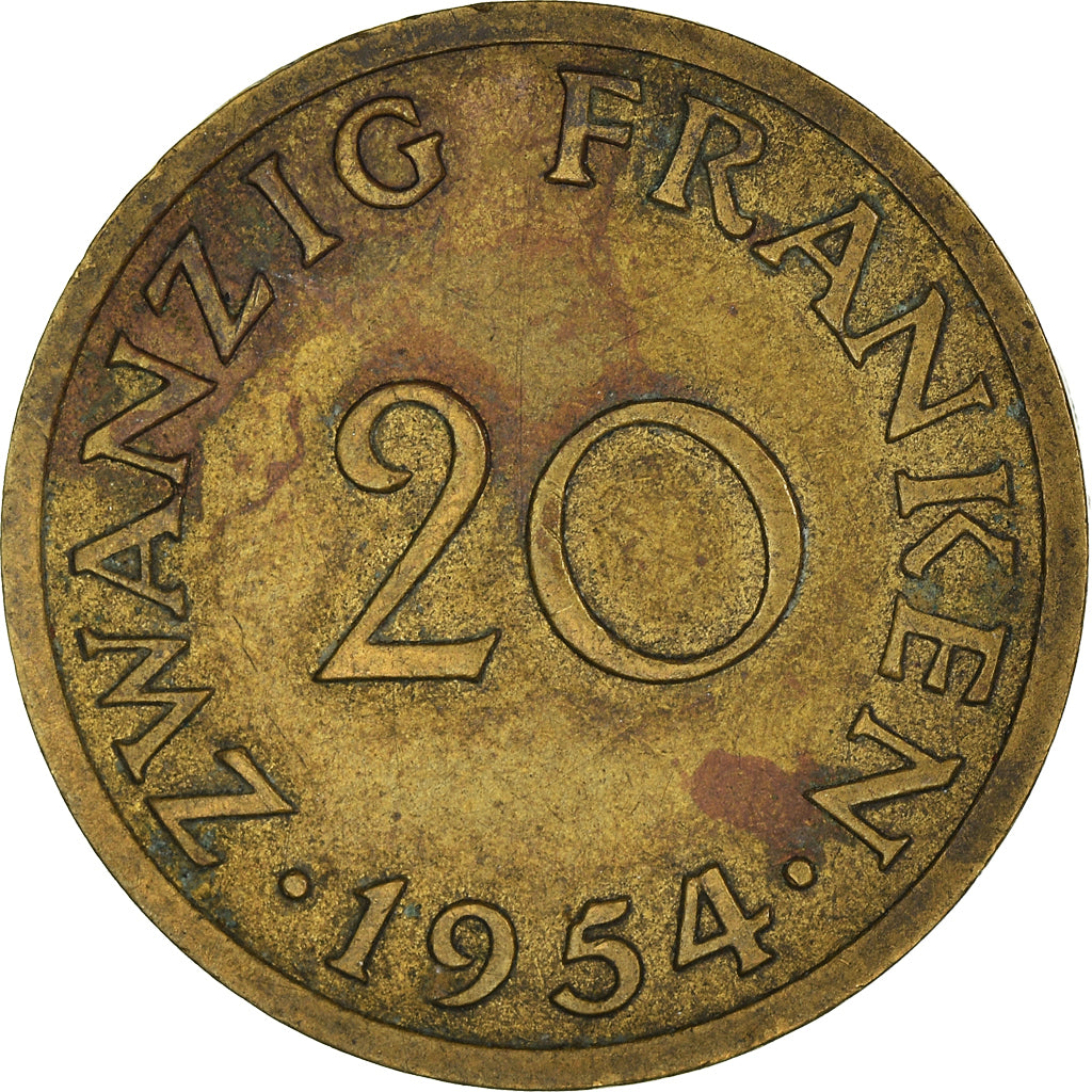 Münze, SAARLAND, 20 Franken, 1954, Paris, SS, Aluminum-Bronze, KM:2
