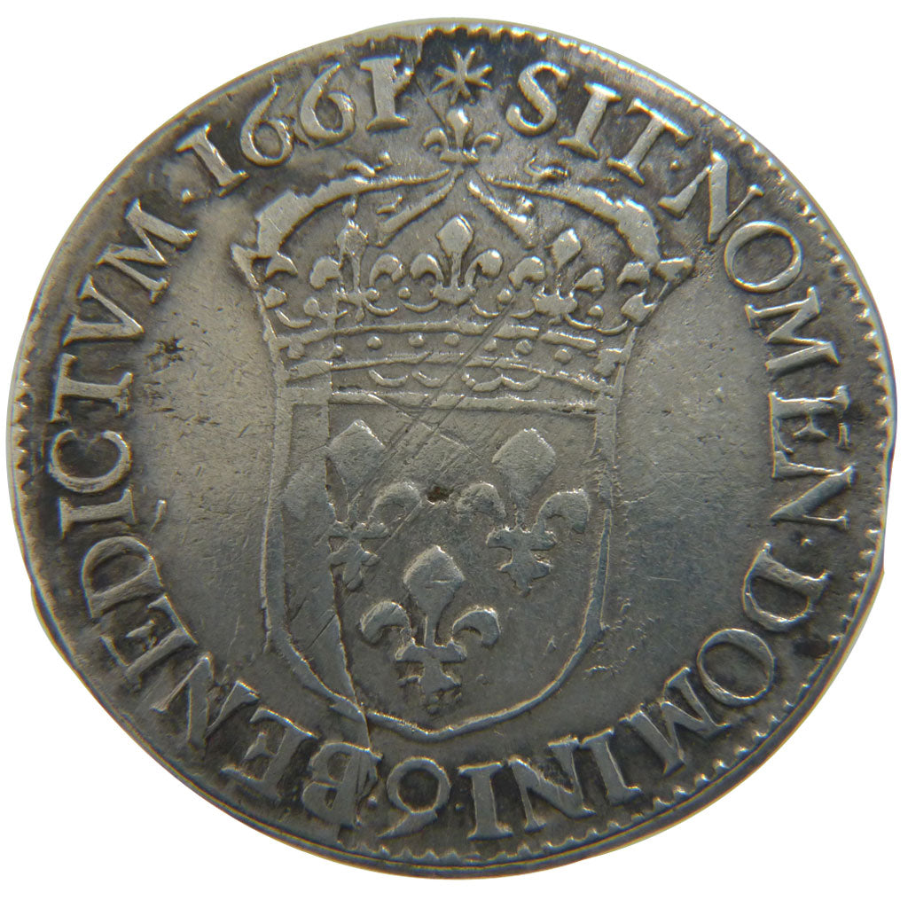 FRANCE, 1/2 Écu au buste juvénile, 1/2 Ecu, 1661, Rennes, VF(20-25), Silver, Ga.