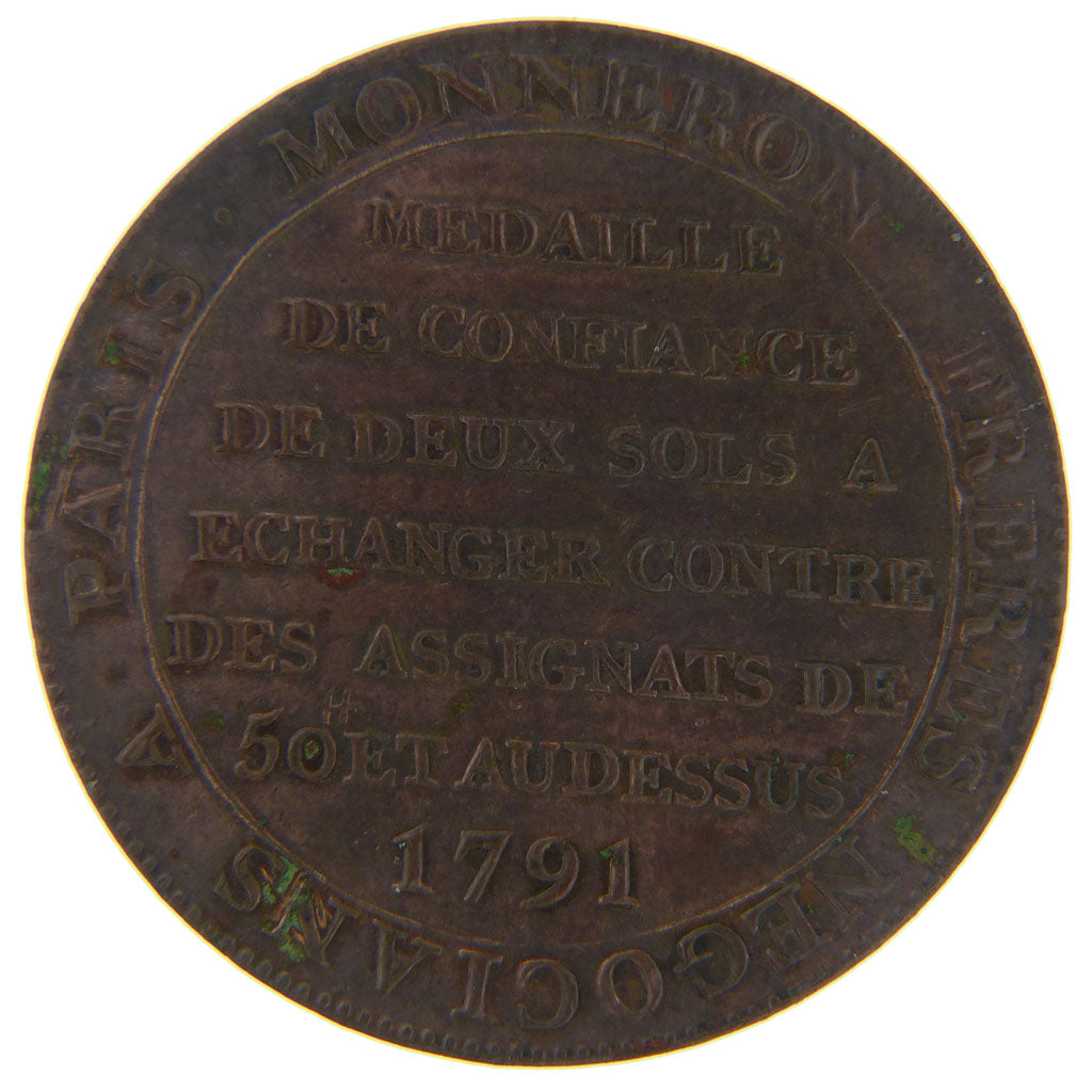 FRANCE, 2 Sols, 1791, AU(55-58), Bronze, Brandon #217, 18.00
