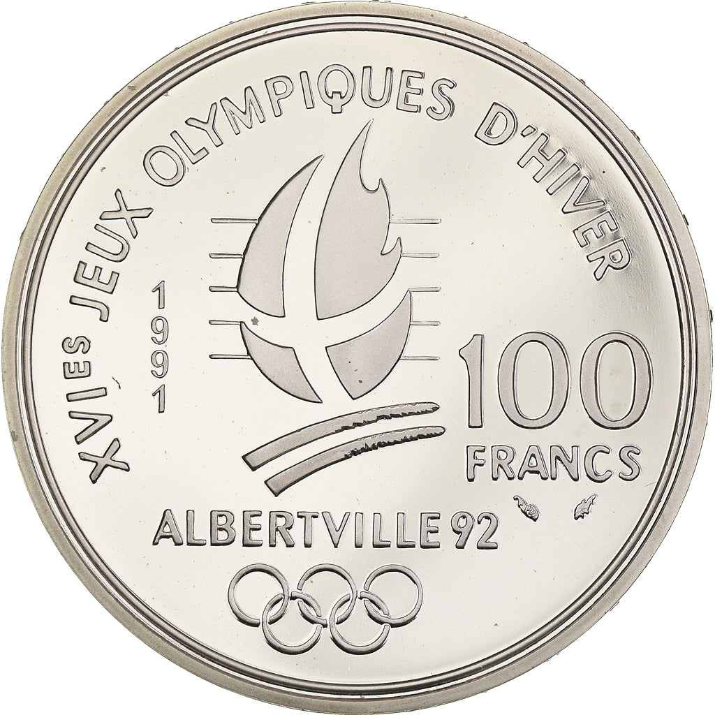 Coin, France, Cross-country skier, 100 Francs, 1991, BE, MS(65-70), Silver