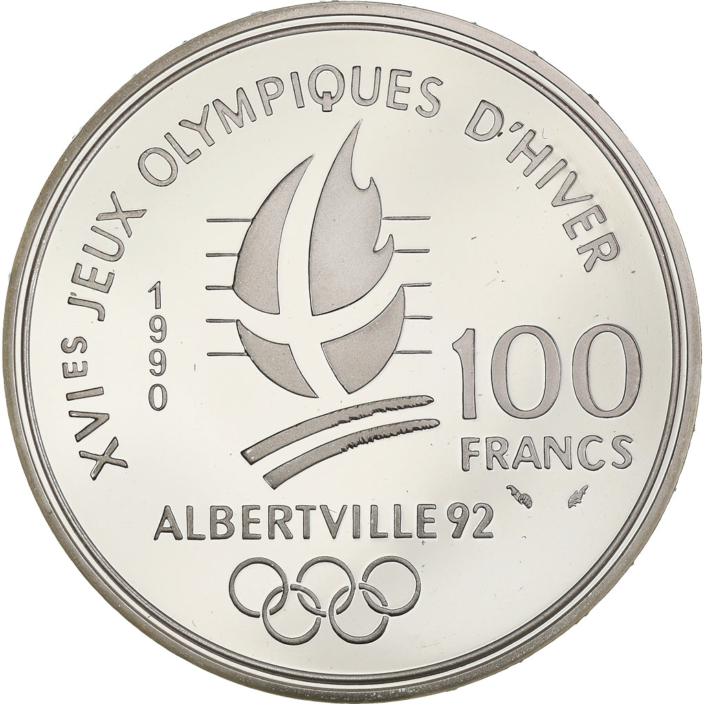 Coin, France, Slalom skiers, 100 Francs, 1990, BE, MS(65-70), Silver, KM:984