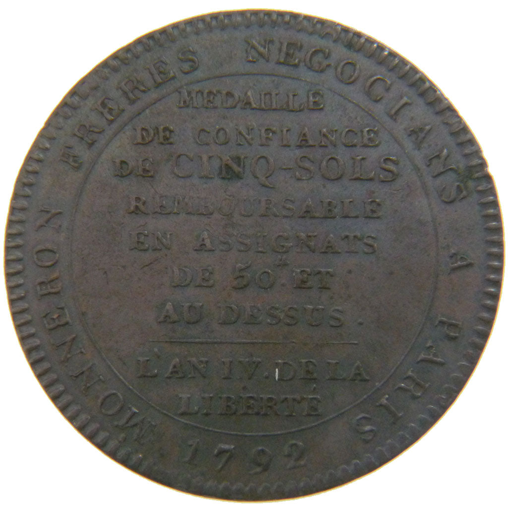 FRANCE, 5 Sols, 1792, AU(55-58), Bronze, Brandon #223B, 26.80