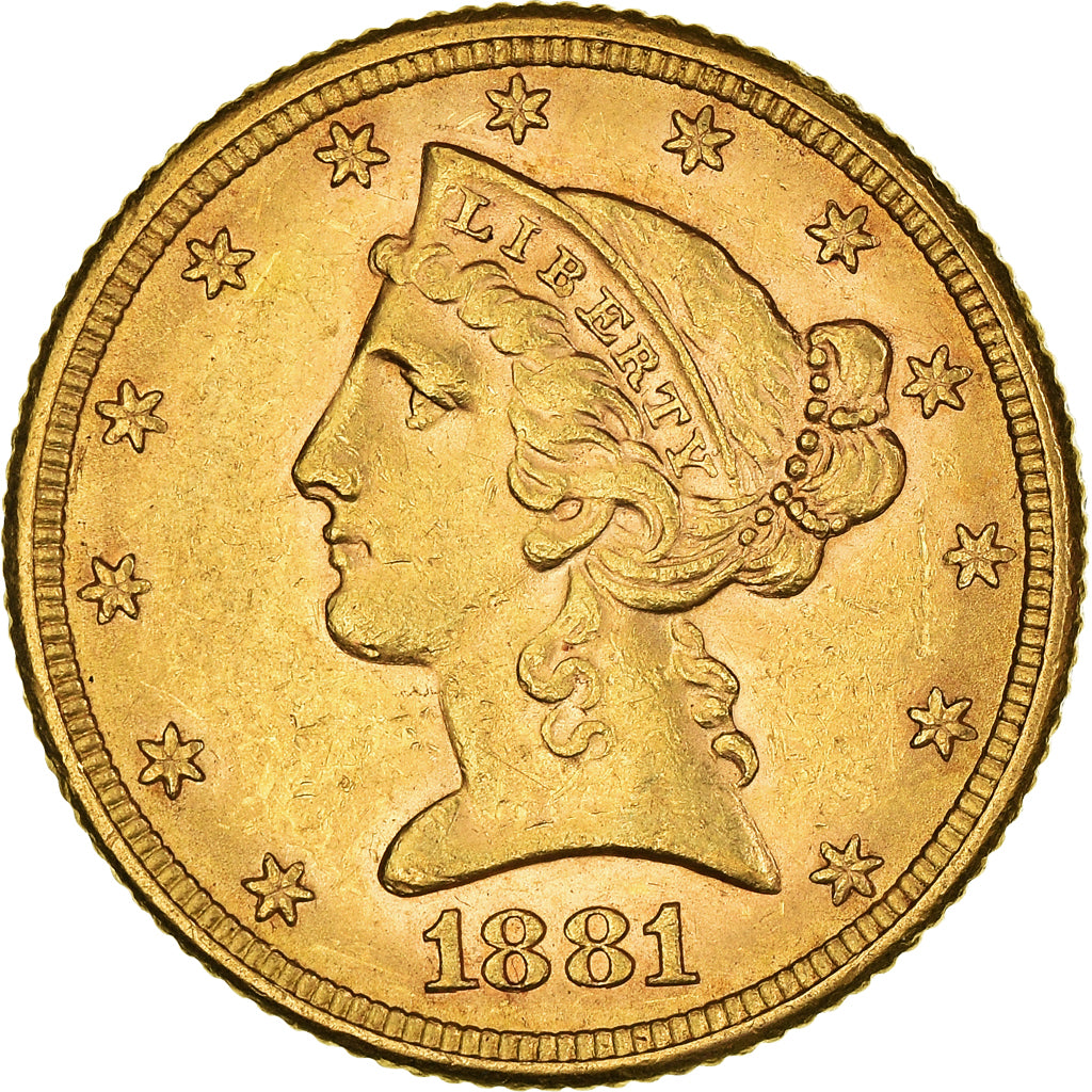 Moneta, USA, Coronet Head, $5, Half Eagle, 1881, U.S. Mint, Philadelphia