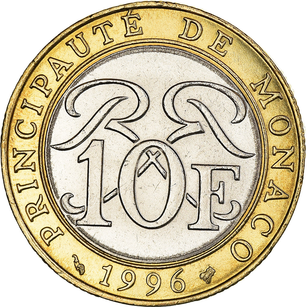 Coin, Monaco, Rainier III, 10 Francs, 1996, MS(60-62), Bi-Metallic, KM:163
