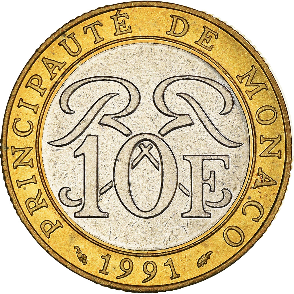 Coin, Monaco, Rainier III, 10 Francs, 1991, EF(40-45), Bi-Metallic, KM:163